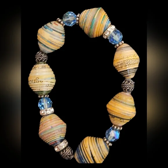 Multi Colored Bamboo Beads, Colored Glass Beads & Metal Beads On Elastic Band - Picture 3 of 6